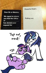 Size: 500x787 | Tagged: safe, artist:jargon scott, edit, dusk shine, gleaming shield, shining armor, twilight sparkle, pony, unicorn, brother and sister, cards against humanity, chokehold, dialogue, female, leg lock, leg wrapping, lip bite, male, rule 63, siblings, simple background, sports, we never had one single fight, white background, wrestling