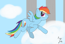 Size: 1500x1024 | Tagged: safe, artist:augjodo, rainbow dash, pegasus, pony, digital art, female, flying, looking back, mare