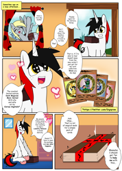 Size: 3800x5333 | Tagged: safe, artist:digiqrow, artist:takaneko13, derpy hooves, oc, oc:dusk, pegasus, pony, seal, unicorn, comic:heart of the cards, card, comic, curtains, dialogue, heart, house, room