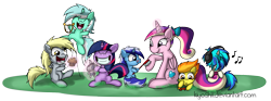 Size: 2047x759 | Tagged: safe, artist:kiyoshiii, derpy hooves, dj pon-3, lyra heartstrings, minuette, princess cadance, smarty pants, spitfire, twilight sparkle, vinyl scratch, alicorn, pegasus, pony, unicorn, brush, female, filly, filly derpy, filly lyra, filly spitfire, filly twilight sparkle, filly vinyl scratch, foal, foalsitter, happy, mare, muffin, toy airplane, younger