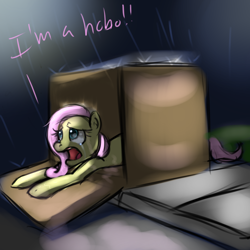 Size: 1024x1024 | Tagged: safe, artist:imsokyo, fluttershy, pegasus, pony, box, hobo, homeless, sad