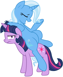 Size: 4020x4880 | Tagged: safe, artist:discommunicator, artist:kooner-cz, trixie, twilight sparkle, unicorn twilight, pony, unicorn, absurd resolution, female, hilarious in hindsight, inconvenient trixie, mare, messy mane, ponies riding ponies, simple background, transparent background, unamused, vector