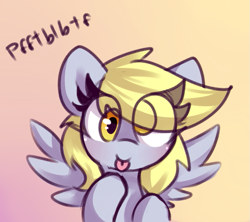 Size: 681x605 | Tagged: safe, artist:dsp2003, artist:lockheart, derpy hooves, pegasus, pony, :p, colored sketch, cute, derpabetes, eye clipping through hair, female, gradient background, mare, mlem, raspberry, silly, silly pony, tongue out