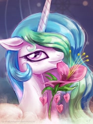 Size: 900x1200 | Tagged: safe, artist:kp-shadowsquirrel, princess celestia, alicorn, pony, female, floppy ears, flower, flower in mouth, grin, heart, heart's desire, looking at you, mare, mouth hold, smiling, solo