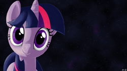 Size: 1366x768 | Tagged: dead source, safe, artist:mister-hand, twilight sparkle, pony, unicorn, female, looking at you, mare, smiling, solo, stars