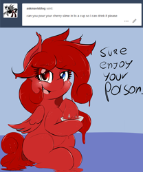 Size: 2000x2400 | Tagged: safe, artist:freefraq, oc, oc:cherry slime, goo pony, original species, pegasus, cup, heterochromia, solo, tumblr:askcherrytheslime