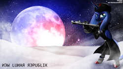 Size: 1920x1080 | Tagged: safe, artist:tsaritsaluna, princess luna, alicorn, pony, semi-anthro, clothes, female, frown, gun, mare, moon, new lunar republic, ppsh-41, s1 luna, solo, soviet, standing, stars, submachinegun, wallpaper, weapon