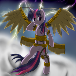 Size: 1920x1920 | Tagged: safe, artist:abluskittle, twilight sparkle, unicorn twilight, pony, unicorn, artificial wings, augmented, female, flying, lightning, mare, mechanical wing, solo, steampunk, wings
