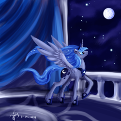 Size: 1600x1600 | Tagged: safe, artist:dalagar, princess luna, alicorn, pony, balcony, female, mare, moon, night, solo