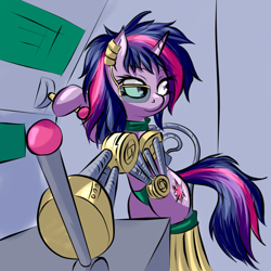 Size: 700x700 | Tagged: safe, artist:snus-kun, twilight sparkle, cyborg, pony, unicorn, alternate hairstyle, amputee, female, lever, mare, prosthetic limb, prosthetics, solo