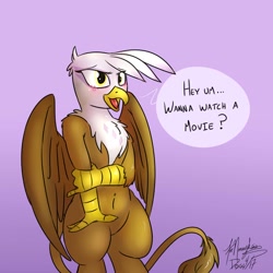 Size: 680x680 | Tagged: safe, artist:dogg, gilda, griffon, blushing, female, implied anon, solo, text, wings