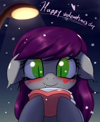 Size: 1636x2000 | Tagged: safe, artist:an-m, oc, oc only, oc:fidgett, bat pony, pony, clothes, holiday, looking down, male, scarf, snow, solo, stallion, trap, valentine's day