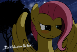 Size: 2560x1724 | Tagged: safe, artist:zipomon, fluttershy, pegasus, pony, blushing, female, mare, night, solo, tree