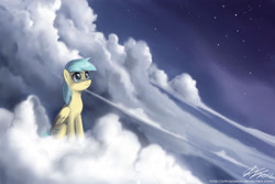 Size: 2000x1333 | Tagged: safe, artist:johnjoseco, sunshower raindrops, pegasus, pony, cloud, cloudy, cutie mark, female, hooves, looking up, mare, night, night sky, on a cloud, sitting, sitting on cloud, sky, solo, stars, wings