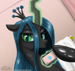 Size: 900x859 | Tagged: safe, artist:johnjoseco, queen chrysalis, changeling, changeling queen, bedroom eyes, cellphone, duckface, female, floppy ears, hoof hold, magic, phone, selfie, smartphone, solo