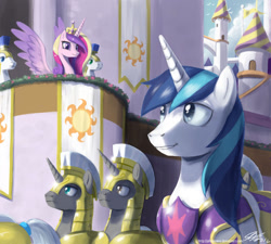 Size: 1100x990 | Tagged: safe, artist:johnjoseco, princess cadance, shining armor, alicorn, pony, unicorn, armor, canterlot, female, male, mare, parade, royal guard, shiningcadance, shipping, spread wings, stallion, straight