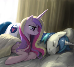 Size: 1300x1170 | Tagged: safe, artist:johnjoseco, princess cadance, shining armor, alicorn, pony, unicorn, bed, bedroom eyes, blanket, cute, eyes closed, female, male, mare, morning ponies, on side, pillow, prone, shiningcadance, shipping, sleeping, smiling, stallion, straight