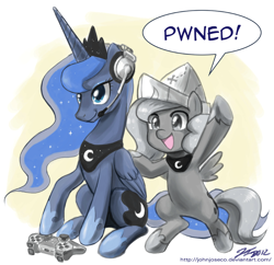 Size: 1000x966 | Tagged: safe, artist:johnjoseco, princess luna, alicorn, pony, cartographer's cap, controller, crossover, cute, dual persona, female, filly, gamer luna, hat, headphones, mare, moonstuck, paper hat, pwned, self ponidox, underhoof, woona