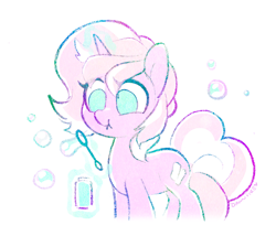 Size: 816x730 | Tagged: safe, artist:dawnfire, oc, oc only, oc:marshmallow fluff, pony, unicorn, bubble, cute, pale color, simple background, sketch, soft color, solo, white background