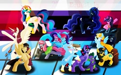 Size: 1200x750 | Tagged: safe, artist:emeraldpony, pinkie pie, princess celestia, princess luna, rainbow dash, spike, twilight sparkle, wild fire, oc, oc:cteno, oc:fausticorn, oc:madmax, alicorn, dragon, earth pony, pegasus, pony, unicorn, alicorn oc, female, lauren faust, male, mare, party, turntable