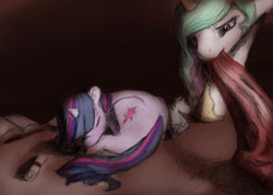 Size: 993x709 | Tagged: safe, artist:silfoe, princess celestia, twilight sparkle, alicorn, pony, unicorn, blanket, book, curled up, female, filly, mare, momlestia, mouth hold, scroll, sleeping