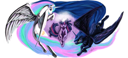 Size: 4000x1800 | Tagged: safe, artist:silfoe, princess celestia, princess luna, twilight sparkle, alicorn, pony, unicorn, absurd resolution, contrast, day, eyes closed, female, floating, flying, magic, mare, night, spread wings, symbolism, twilight (astronomy), underhoof, wallpaper