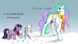 Size: 1920x1080 | Tagged: safe, artist:silfoe, princess celestia, star swirl the bearded, twilight sparkle, unicorn twilight, alicorn, pony, unicorn, clothes, cute, cutelestia, female, filly, mare, princess, scarf, snow, snowman, twiabetes, wallpaper