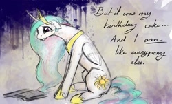 Size: 1700x1024 | Tagged: safe, artist:silfoe, princess celestia, alicorn, pony, ponyville confidential, abstract background, birthday, birthday cake, cake, cakelestia, crying, female, floppy ears, foal free press, mare, newspaper, pouting, sad, sitting, solo