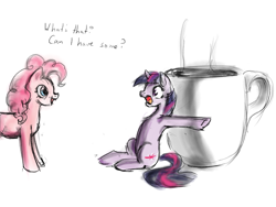 Size: 1000x750 | Tagged: safe, artist:silfoe, pinkie pie, twilight sparkle, earth pony, pony, unicorn, coffee, curious, drink, female, leaning, mare, micro, mug, open mouth, pinkie found the coffee, scared, simple background, sitting, smiling, this will end in tears and/or death, wide eyes, xk-class end-of-the-world scenario