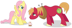 Size: 2026x784 | Tagged: safe, artist:littlehybridshila, big macintosh, fluttershy, earth pony, pegasus, pony, blushing, cupcake, female, fluttermac, male, mare, shipping, simple background, stallion, straight, transparent background