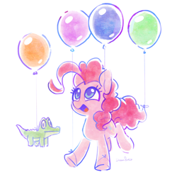 Size: 1280x1279 | Tagged: safe, artist:dawnfire, gummy, pinkie pie, earth pony, pony, balloon, cute, daaaaaaaaaaaw, diapinkes, duo, female, floating, mare, open mouth, then watch her balloons lift her up to the sky