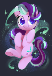 Size: 1207x1756 | Tagged: safe, artist:dawnfire, starlight glimmer, pony, unicorn, abstract background, c:, colored pupils, cute, female, floating, glimmerbetes, glowing horn, horn, looking at you, magic, magic aura, mare, smiling, solo, sparkles, underhoof