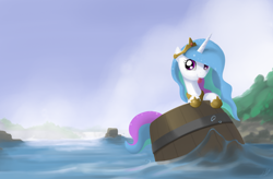 Size: 1410x924 | Tagged: safe, artist:zlack3r, princess celestia, alicorn, pony, barrel, barrel rider, female, filly, foal, hilarious in hindsight, mare, niagara fools, solo, tongue out, water, waterfall, woody woodpecker