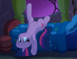 Size: 1295x1000 | Tagged: safe, artist:empty-10, twilight sparkle, unicorn twilight, pony, unicorn, annoyed, bed, blanket, bored, female, frown, golden oaks library, insomnia, mare, night, on back, pillow, solo, twilight is not amused, unamused, upside down, window