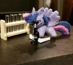 Size: 2040x1836 | Tagged: safe, artist:tinyequine, twilight sparkle, twilight sparkle (alicorn), alicorn, book, female, irl, microscope, miniature, photo, plushie, science, solo, test tube