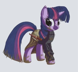 Size: 800x747 | Tagged: safe, artist:lethalnoodle, twilight sparkle, pony, unicorn, clothes, dagger, dirty, female, mare, scar, simple background, solo, weapon, white background