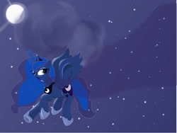 Size: 1876x1407 | Tagged: safe, artist:aanau, princess luna, alicorn, pony, female, flying, magic, mare, moon, mouth hold, night, paintbrush, painting, solo, stars, underhoof