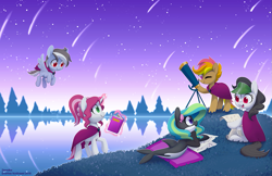 Size: 1275x825 | Tagged: safe, artist:dawnfire, oc, oc:front page, oc:marina (efnw), oc:mocha sunrise, oc:novella, oc:sharp focus, earth pony, pegasus, pony, unicorn, book, everfree northwest, group, reflection, shooting star, stars, telescope, water