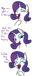 Size: 579x1353 | Tagged: safe, artist:jargon scott, rarity, pony, unicorn, comic, dialogue, eyeshadow, female, laughing, makeup, mare, meme, parody, ponified, riff raff, sharp teeth, simple background, solo, teeth, vine video, wahaha, white background