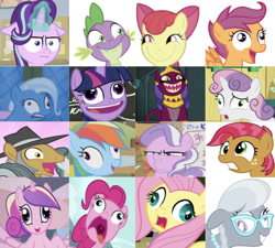 Size: 639x574 | Tagged: safe, artist:tiarawhy, edit, edited screencap, editor:undeadponysoldier, screencap, apple bloom, babs seed, diamond tiara, fluttershy, igneous rock pie, pinkie pie, princess cadance, rainbow dash, scootaloo, silver spoon, sphinx (character), spike, starlight glimmer, sweetie belle, trixie, twilight sparkle, twilight sparkle (alicorn), alicorn, dragon, earth pony, pegasus, pony, sphinx, unicorn, best gift ever, campfire tales, crusaders of the lost mark, daring done?, fall weather friends, games ponies play, just for sidekicks, one bad apple, school raze, the cutie mark chronicles, to where and back again, too many pinkie pies, adorababs, adorable face, adoracreepy, bow, cadenceflash, caption, chalkboard, collection, creepy, creepy smile, crown, cute, cutedance, cutie mark crusaders, derp, diamondbetes, episode needed, faic, fangs, female, filly, freckles, funny, glasses, glowing horn, horn, i mean i see, image macro, jewelry, looking at each other, male, mare, necklace, open mouth, pearl necklace, pudding face, rapeface, regalia, shipping, silly face, silverbetes, smiling, sphinxdorable, spikebloom, stallion, straight, text, tiara