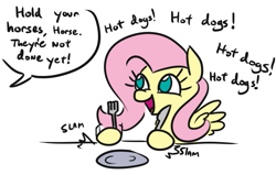 Size: 735x468 | Tagged: safe, artist:jargon scott, fluttershy, pegasus, pony, context is for the weak, cute, dialogue, female, food, fork, hoof hold, hot dog, knife, mare, meat, no pupils, offscreen character, plate, ponies eating meat, sausage, shyabetes, simple background, smiling, solo, speech bubble, this will end in ponies eating meat, white background