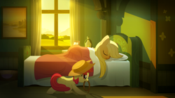 Size: 1920x1080 | Tagged: safe, artist:gign-3208, apple bloom, applejack, earth pony, pony, accessory swap, apple sisters, bed, duo, female, filly, foal, lasso, mare, morning, mouth hold, rope, siblings, sisters, sleeping, sunlight, wallpaper, window