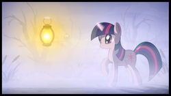 Size: 1920x1080 | Tagged: safe, artist:gign-3208, twilight sparkle, unicorn twilight, pony, unicorn, dead tree, female, fog, glowing horn, lantern, magic, mare, raised hoof, solo, telekinesis, tree, wallpaper