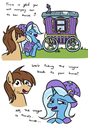 Size: 652x930 | Tagged: safe, artist:jargon scott, trixie, oc, earth pony, pony, unicorn, cape, clothes, comic, dialogue, embarrassed, female, hat, male, mare, open mouth, simple background, smiling, stallion, this will not end in sex, trixie is poor, trixie's cape, trixie's hat, trixie's wagon, wagon, white background