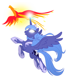 Size: 3100x3600 | Tagged: safe, artist:equestria-prevails, philomena, princess luna, alicorn, phoenix, pony, duo, female, flying, glowing eyes, glowing horn, high res, magic, mare, pet, s1 luna, simple background, transparent background, vector, white eyes