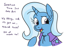 Size: 677x497 | Tagged: safe, artist:jargon scott, trixie, pony, unicorn, bust, dialogue, dirt, eating, eating dirt, female, horses doing horse things, mare, open mouth, pica, portrait, simple background, solo, trixie is poor, white background