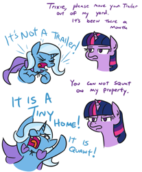 Size: 629x760 | Tagged: safe, artist:jargon scott, trixie, twilight sparkle, twilight sparkle (alicorn), alicorn, pony, unicorn, angry, cape, clothes, comic, cute, dialogue, diatrixes, female, lidded eyes, madorable, mare, no pupils, open mouth, tiny home, tongue out, trixie is poor, trixie's cape, trixie's wagon, yelling