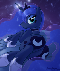 Size: 674x797 | Tagged: safe, artist:brianblackberry, princess luna, alicorn, pony, both cutie marks, female, looking at you, looking back, lying down, mare, moonbutt, on side, plot, rear view, seductive, solo, space, underhoof