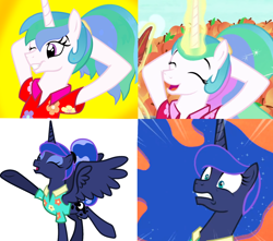 Size: 1700x1500 | Tagged: safe, artist:brisineo, artist:katya, artist:kojibiose, screencap, princess celestia, princess luna, summer solstice (character), pony, between dark and dawn, equestria girls, arm behind head, cropped, equestria girls ponified, ponified