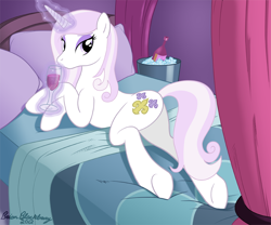 Size: 800x667 | Tagged: safe, artist:brianblackberry, fleur-de-lis, pony, unicorn, bed, female, looking back, mare, plot, prone, sexy, skunk stripe, solo, underhoof, wine